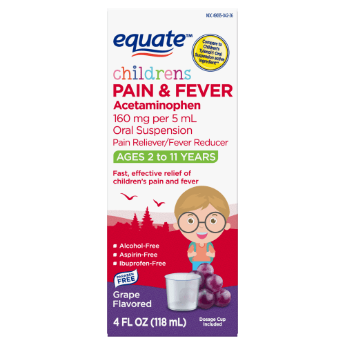 Equate Children's Pain & Fever Acetaminophen Oral Suspension, 160 mg, Grape Flavor, Ages 2 to 11 Years, 4 fl oz, Compare to Children's Tylenol® Oral Suspension Active Ingredient HSA/FSA Eligible