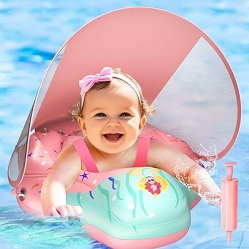 Baby Pool Float with Canopy,UPF50+ Sun Protection,Kids Swimming Float Adjustable Safety Seat,Inflatable Toddler Pool Floatie,Size L Add Inflatable BalanceTail Ball(S:3-12 Month/L:6-36 Month)