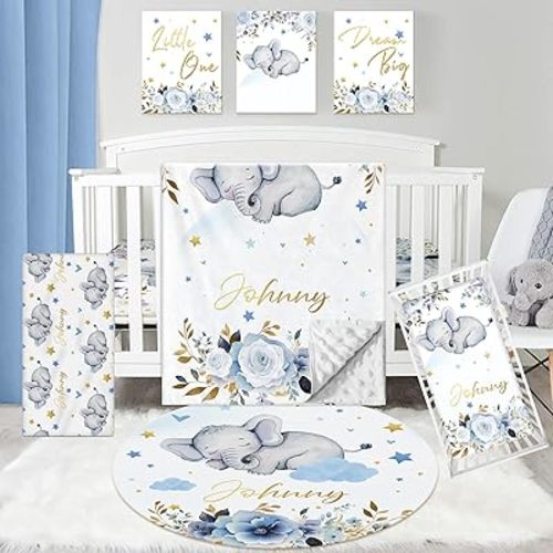 Personalized Baby Crib Bedding Set - 5 Piece Custom Baby Crib Sets with Name, Nursery Bedding Set for Baby Boys Crib Elephant Pattern Gift Idea Double Layer Blanket Set(Fixed Size)