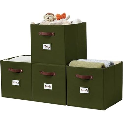 DECOMOMO Storage Baskets, 13x15x13 Storage Cube Bins with Labels for Organizing Shelves Kallax (Kallax / 4pcs, Olive Green)