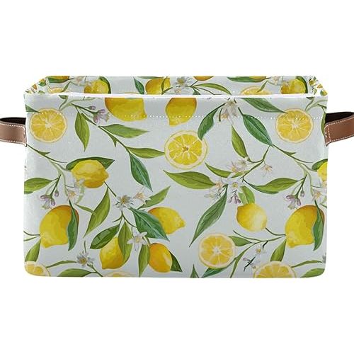 MNSRUU Storage Basket Lemon Floral Collapsible Organizer Basket with PU Handles, Waterproof Nursery Laundry Basket Toy Storage Basket,1 Pack