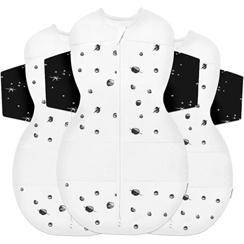 Happiest Baby SNOO Sleep Sack - 100% Organic Cotton Baby Swaddle Blanket - Doctor Designed Promotes Healthy Hip Development - 3-Pack Bundle (Ivory Planets, S, M, L)