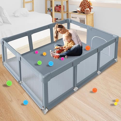 Baby Playpen, 74''x50'' Large Baby Playpens for Babies and Toddlers, Playpen Indoor or Outdoor Active Center, Sturdy Safety Baby Playard Play Pen Fence, Soft Breathable Mesh, Grey