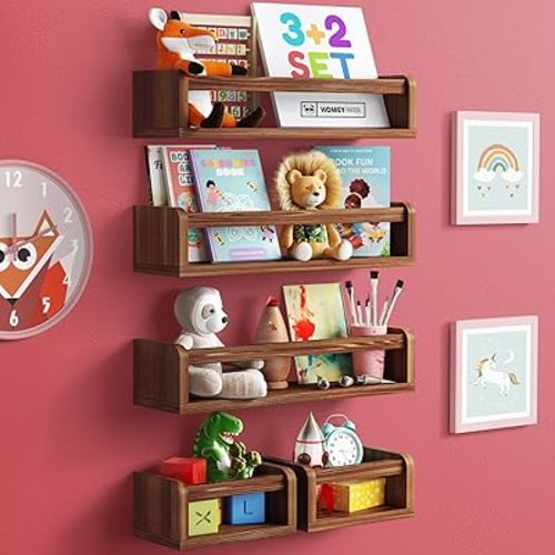 3+2 Floating Nursery Book Shelves for Wall Set of 3 Long & 2 Mini Shelves, Wall Bookshelf for Kids, Toys & Books Display, Nursery Decor Storage, Book Shelf for Kids Rooms (5-in-1 Walnut)