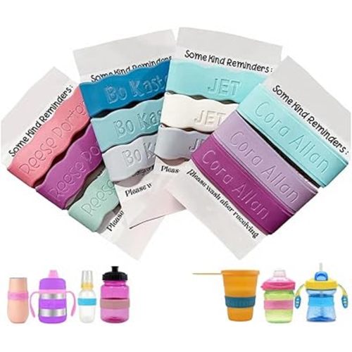 3 Piece Personalized Baby Bottle Labels for Daycare School Summer Camp Customized Children's Water Bottle Name Bands Custom Engraved Reusable Silicone Cup Bands Labels