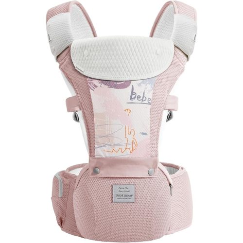 Bebamour Baby Carrier Safety-Certified Hip Seat Baby Carrier Newborn to Toddler Baby Hipseat 0-36Months with Head Hood, 3 PCS Teething Pads, Waist Extender & Storage Bag,Pink Print