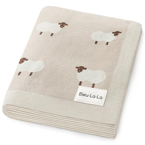 Bleu La La Baby Swaddle Blanket - 100% Luxury Cotton Knit Soft Cozy Lightweight Unisex Receiving Stroller Quilt Blanket for Shower Gift Registry for Newborns Infants Toddlers (Sheep - Khaki)