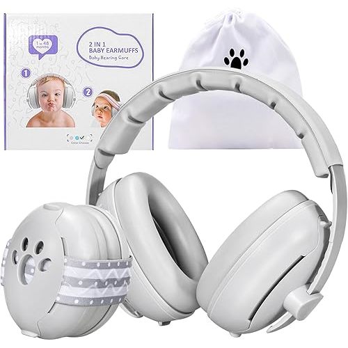 Baby Headphones for Noise Newborn, 2-in-1 Baby Ear Muffs Noise Protection for 0-48 Months Infants Toddler Travel Essentials for Airplane White