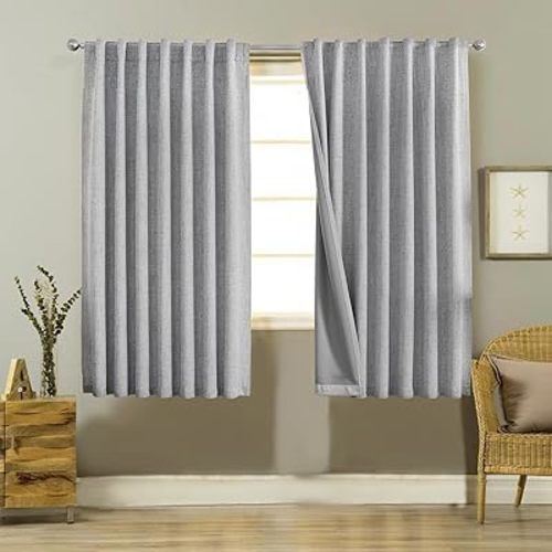 Joydeco 100% Black Out Curtains 63 inch Long 2 Panels Burg Natural Blackout Linen Drapes for Bedroom Living Room Darkening Curtain Thermal Insulated Back tab Rod Pocket(52x63 inch,Light Grey)