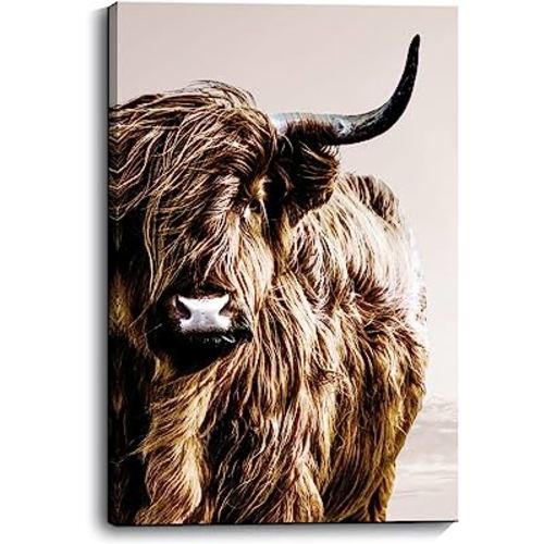 ZNZ Highland Cow Wall Art Country Farmhouse Wall Decor Strong Confident Yak Canvas Prints with Long Horns Animal Wall Art Fluffy Cattle Pictures Used in Bedroom Bathroom Office Fireplace Kitchen