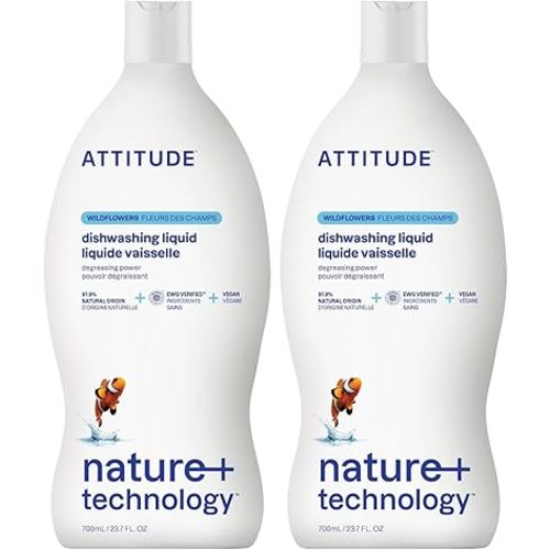 ATTITUDE Dish Soap,EWG Verified,Plant-Based & Vegan Dishwashing Liquid,Naturally Derived,Wildflowers Scent,23.7 Fl Oz,(Pack of 2)