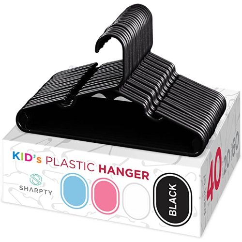 Sharpty Kids Plastic Hangers, Children's Hangers for Baby, Toddler, and Child Clothes - Everyday Standard Use - Ideal for Boys and Girls Closet, Clothing, Pants, Coats, and More - Black, 40 Pack