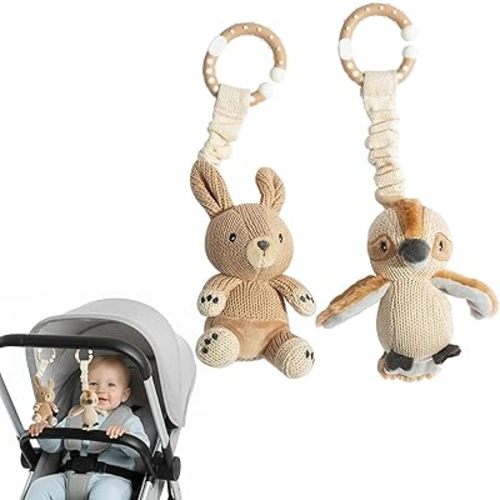 Living Textiles Stroller Toy Set 2 Pack - Knitted Toys for Car Seat & Stroller, 100% Cotton Knit, Jingle Rattle Sound, BPA-Free Attachment Clip, Ideal Baby Travel Toy (Kangaroo & Kookaburra)