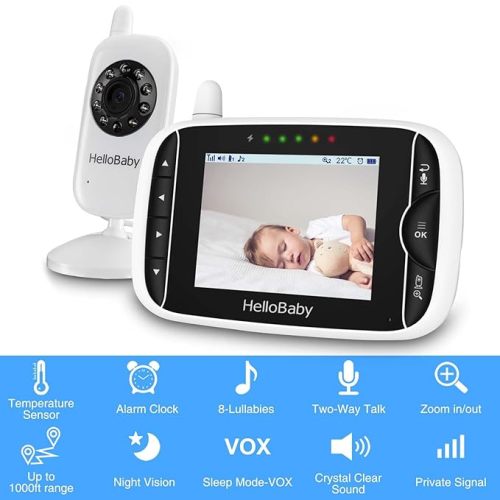 Video Baby Monitor with Camera and Audio, 3.2Inch LCD Display, Infrared Night Vision, Two-Way Audio and Room Temperature Monitoring,Lullaby,Sound Activated Screen - HB32