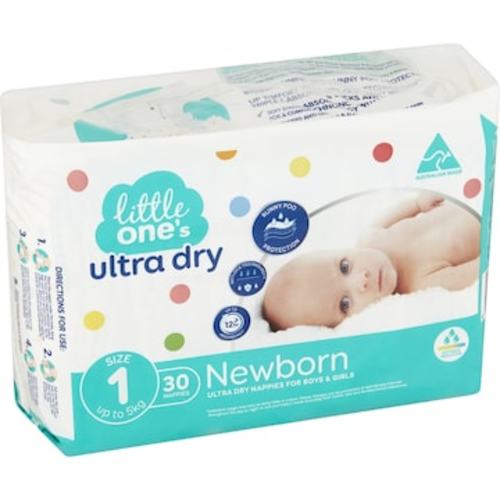 Little One's Size 1 Ultra Dry Nappies Newborn Up To 5Kg Boys & Girls 30 pack | Woolworths