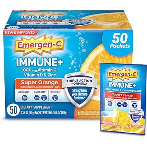Emergen-C Immune+ Triple Action Immune Support Powder, BetaVia (R), 1000mg Vitamin C, B Vitamins, Vitamin D and Antioxidants, Super Orange – 50 Count