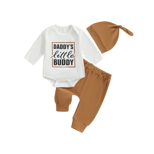 Qtinghua Newborn Baby Boy Clothes Fall Outfit Infant Daddy's Little Buddy Print Romper Pants Set Coming Home 3PCS Outfits