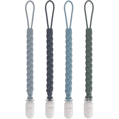 Stylish Silicone Pacifier Clips 4-Pack for Baby Boys and Girls, Woven Rope Flexible Design, Rust-Free Holders for Teething Relief and Baby Essentials, Safe for Newborns (Grey)