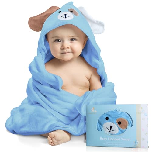 FOREVERPURE Premium Baby Hooded Towel Viscose Made of Bamboo, Super Absorbent, Design Girl and Boy. Ultra Soft, X-Large, 35 x 35 inches, Blue.