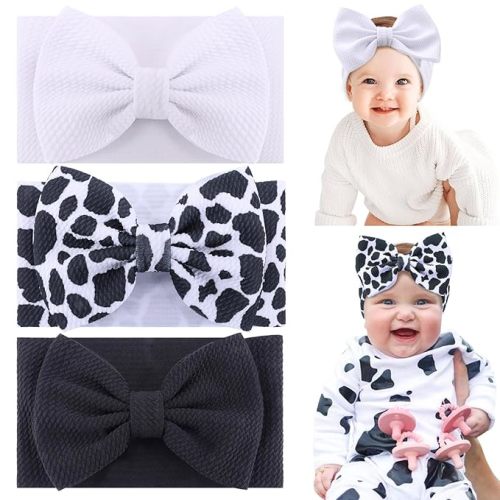 Cow Baby Bows, 3pcs Western Cowgirl Elastic Nylon Headbands for Baby Girls, Soft Handmade Print Newborn Hairbands Hair Accessories for Preemie Infant Toddlers Birthday Party - Black, White, Cow