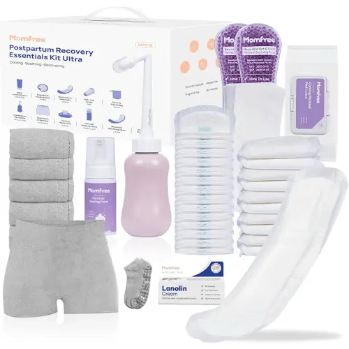 Upgraded Postpartum Essentials Recovery Kit for Women: Labor Delivery Post Partum - Perineal Healing Foam & Upside Down Peri Bottle | 6 Disposable Underwear | Soothing Pads | Nursing & Maxi Pads