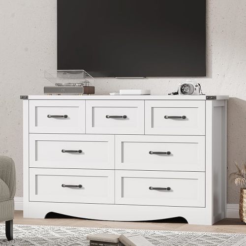 Dresser for Bedroom with 7 Drawers, 48" Wide Wood Chest of Drawers with Deep Drawers & Mental Handle, Modern Dresser TV Stand, Wooden Closet Storage Organizer for Living Room, Hallway, Entryway, White