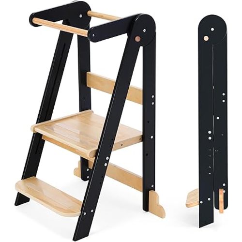 HARPPA Nordi Foldable Toddler Kitchen Tower, Montessori Kitchen Learning Helper, Standing Tower with 3 Adjustable Heights, Suitable Age for 18-48 Months, Black