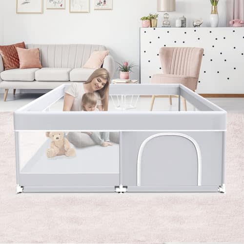 Fshibila Baby Playpen, 50x50 Inch Baby Playard for Babies and Toddlers, Play Pens for Indoor & Outdoor, Sturdy Safety Play Yard with Soft Breathable Mesh, Anti-Fall, Grey
