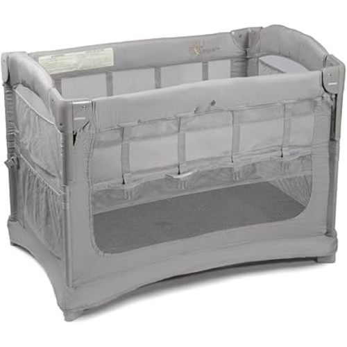 Arm’s Reach Ideal Ezee 3 in 1 Co-Sleeper Folding Bedside Bassinet and Play Yard Featuring Breathable Mesh Sides with Side Pockets for Storage and 4-Inch Sleeping Nest, Gray