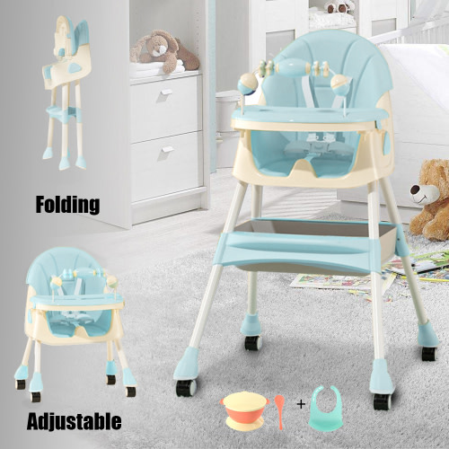 MONEHANE 4-in-1 Baby High Chair Portable Baby Toddler Dining Chairs Eat & Play Convertible High Chair with 5-Point Harness, Dinner Plate and Toy Rack, Dark Blue