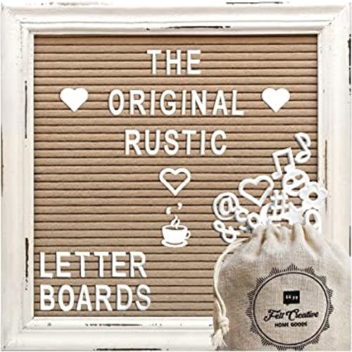 Cappuccino Felt Letter Board Back to School Sign with Rustic Wood White Frame - Farmhouse Letter Board Sign with Stand - Baby Announcement 10x10 Felt Board Changeable Message Board with 350 Letter Set