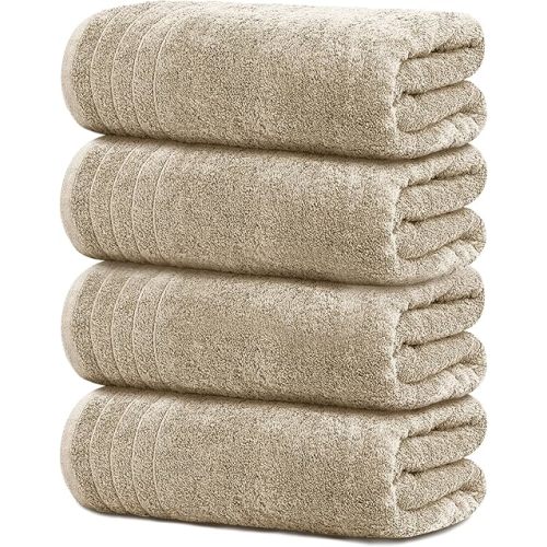 Tens Towels Pack of 4 Extra Large Bath Towels 30 x 60 Inches, 100% Cotton, Larger & Lighter Weight, Quicker to Dry, Super Soft and Absorbent, Perfect for Bathroom, Beige