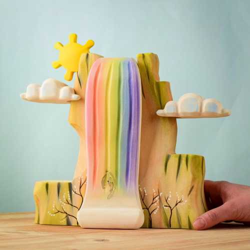 Handmade Rainbow Cliff Wooden Toy Set | Montessori Waldorf Waterfall Playset for Kids | Eco-Friendly Wooden Adventure Made by Bumbu Toys