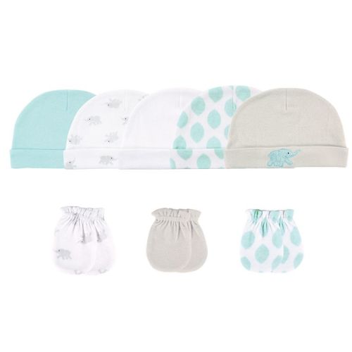 Luvable Friends Baby Cotton Caps and Scratch Mittens 8pk, Elephant, 0-6 Months