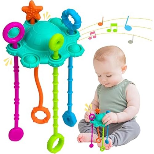 Montesorri-Toys - Montessori Pull String Toy - Made of 100% Food Grade Silicone with Built-in Rattle Function and Easy to Clean Design (Spearmint)
