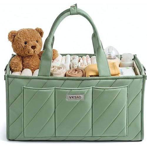 Diaper Caddy Organizer – Portable Storage Basket with Shoulder Strap & Stroller Hooks, Water-Resistant Quilted Nursery & Car Tote, Gender Neutral Gift for Baby Shower, Sage Green