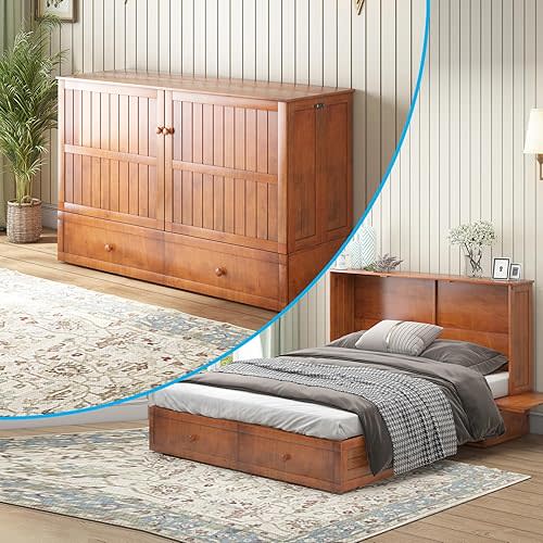 Mjkone Murphy Bed Cabinet, Queen Size Cube Bed with Built-in USB Charging Station and Spacious Drawers, Wall Beds with Folding Mattress for Bedroom Guest Room -Cherry, Pattern Q