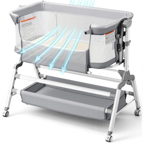 3 in 1 Baby Bassinet Bedside Sleeper, Adjustable Bedside Bassinet for Baby, Womb-Like Rocking Bassinet with Wheels, Breathable Full-Mesh Crib with Comfy Mattress, Bedside Crib w/ Large Storage Basket