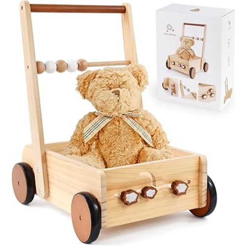PairPear Wooden Baby Walker Push Toys,Adjustable Speed Nature Wood Push Walkers for Babies Learning to Walk,Toddler Push and Pull Toys Gift for Baby Girls and Boys 1-2