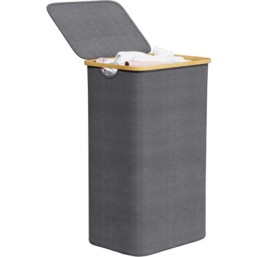 SpaceAid Laundry Hamper with Lid, 110L Large Tall Clothes Basket Bin with Bamboo Handles, Collapsible Laundry Hamper for Bedroom, Bathroom, Dorm, Laundry Room - Grey