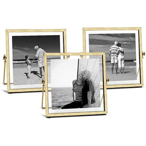 AceList Metal Picture Frames, Set of 3 Ornate Minimal Floating Edge Clear Glass Table Top Easel Stand Photo Frames in Gold, 4 x 4, Assortment Variety