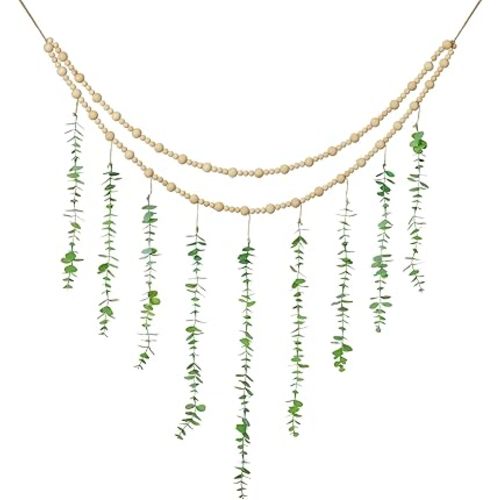 Hanging Eucalyptus Boho Wall Decor Large Boho Bedroom Wall Hanging Wooden Bead Garland Artificial Eucalyptus Natural Greenery Decoration, 36 x 36 Inch