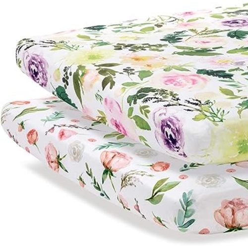 Pobibaby - 2 Pack Premium Pack N Play Sheets Fitted for Standard Pack and Plays and Mini Cribs - Ultra-Soft Cotton Blend, Stylish Floral Pattern, Safe and Snug for Baby (Allure)