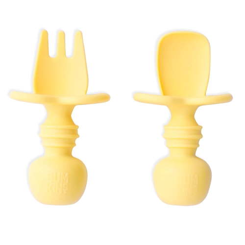Bumkins Baby Feeding Chewtensils, Training Fork and Spoon Set, Utensils Ages 6 Mos+ (Pineapple)