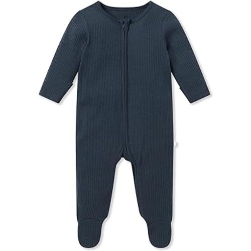 MORI Baby Unisex Ribbed Pajamas with Two Way Zip and Scratch Mitts - Footed Jumpsuit One Piece Sleepwear for Boys and Girls