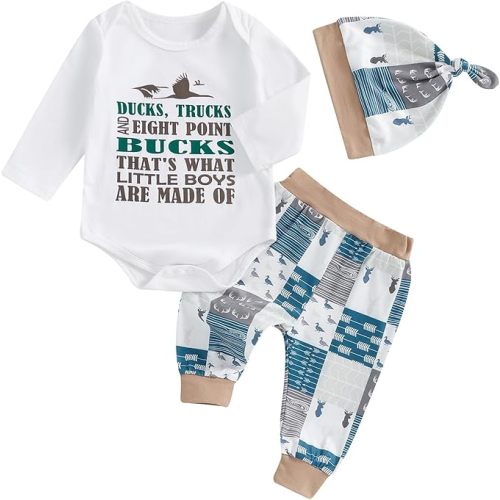 Newborn Baby Boys Long Sleeve Letters Deer Romper Bodysuit Tops Camo Pants with Hat 3 Pcs Outfit Clothes Set