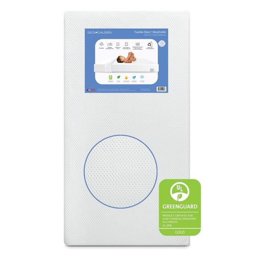 Delta Children Twinkle Stars Crib and Toddler Mattress with Breathable, Removable Machine-Washable Cover - GREENGUARD Gold - Waterproof Baby Bed - Sustainably Sourced Fiber Core - 52”Lx27.5”W, White