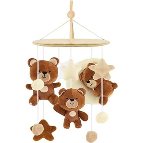 Teddy Bear Baby Crib Mobile Bear Nursery Mobile Neutral Animal Hanging Nursery Decor Sleeping Bear Moon Star Cloud Ceiling Decoration Baby Shower Gift Newborn Present for Little Boys Girls