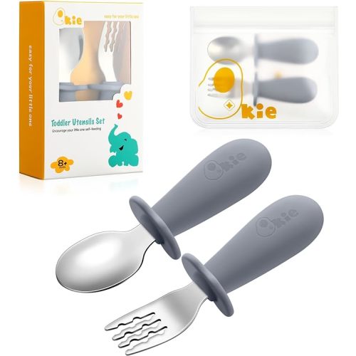 Toddler Utensils, Toddler Forks and Spoons, Baby Spoons Self Feeding, Stainless Steel Baby Silverware with BPA Free Silicone Easy Grip, 8 Months+