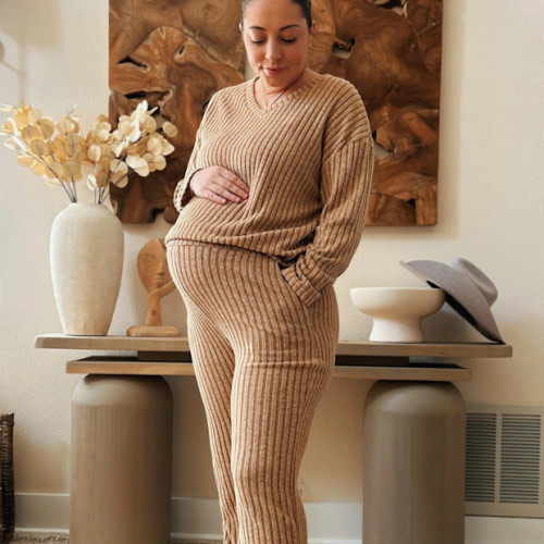 PinkBlush Mocha Ribbed Soft Knit Long Sleeve Maternity Pajama Set